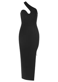 Bahram One Shoulder Bustier Midi Dress In Black