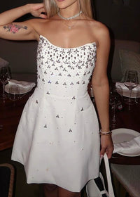 Zylar Crystal Strapless A Line Mini Dress In White