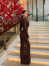 Ramesh Long Sleeve Mesh Insert Draped Maxi Dress In Brown