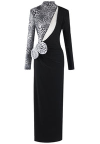 Lyrion Long Sleeve Animal Print Floral Maxi Dress In Black