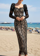 Farhad Puff Long Sleeve Lace Maxi Dress In Black