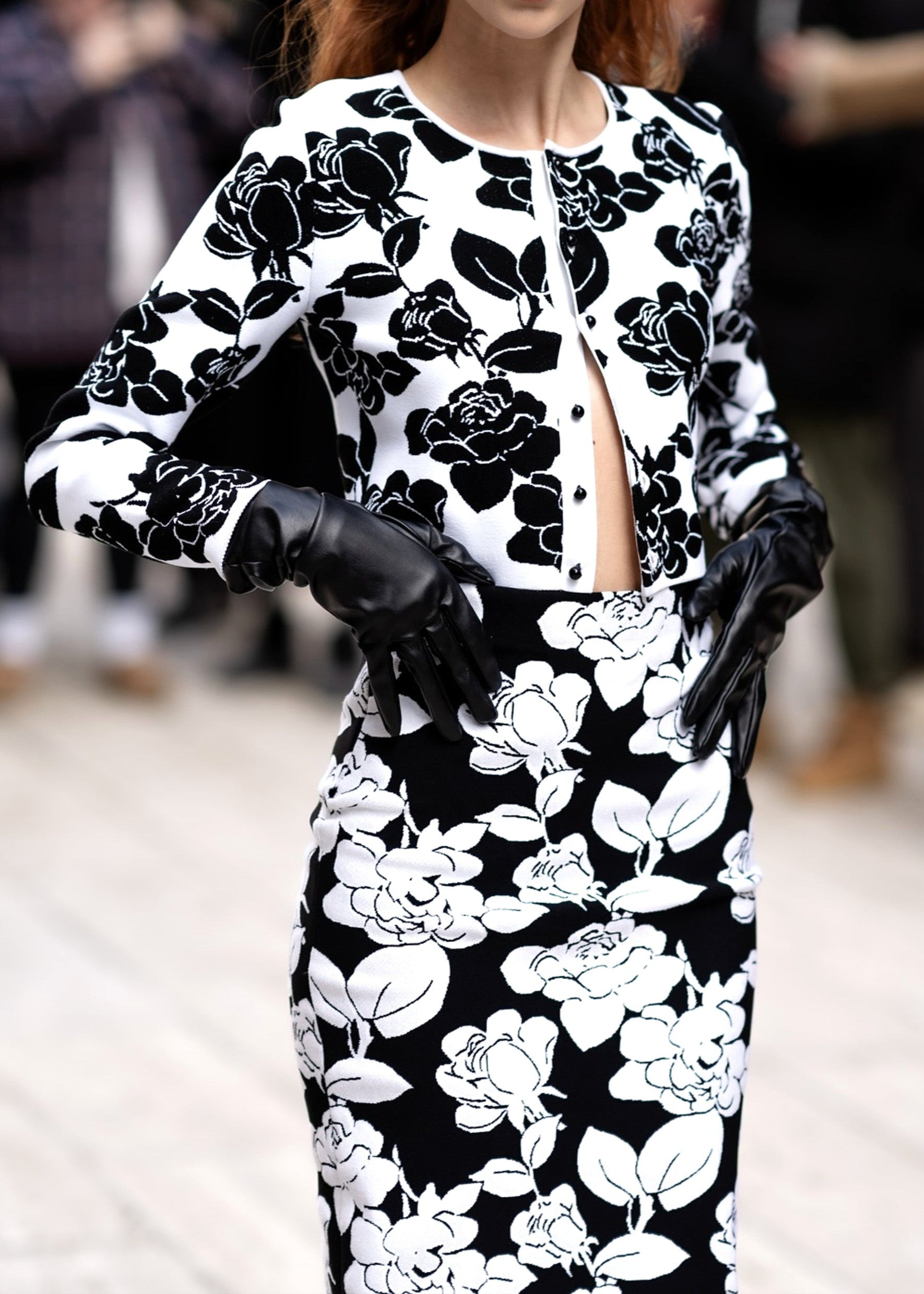 Akim Long Sleeve Floral Two Piece Midi Dress In Black White