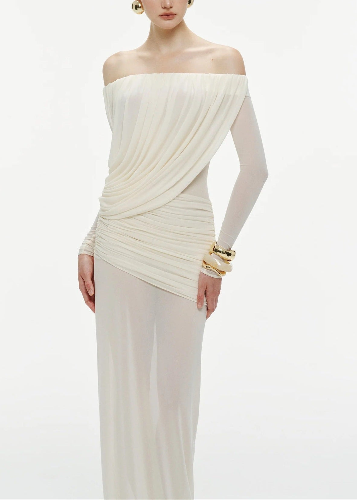 Cryxel Off-Shoulder Draped Mesh Maxi Dress In White