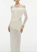 Cryxel Off-Shoulder Draped Mesh Maxi Dress In White