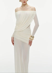 Cryxel Off-Shoulder Draped Mesh Maxi Dress In White
