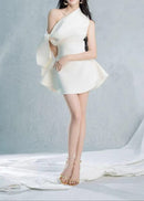 Zyxaris Asymmetric One Shoulder Flare Mini Dress In White