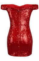 Isoform Bardot Draped Sequin Mini Dress In Red
