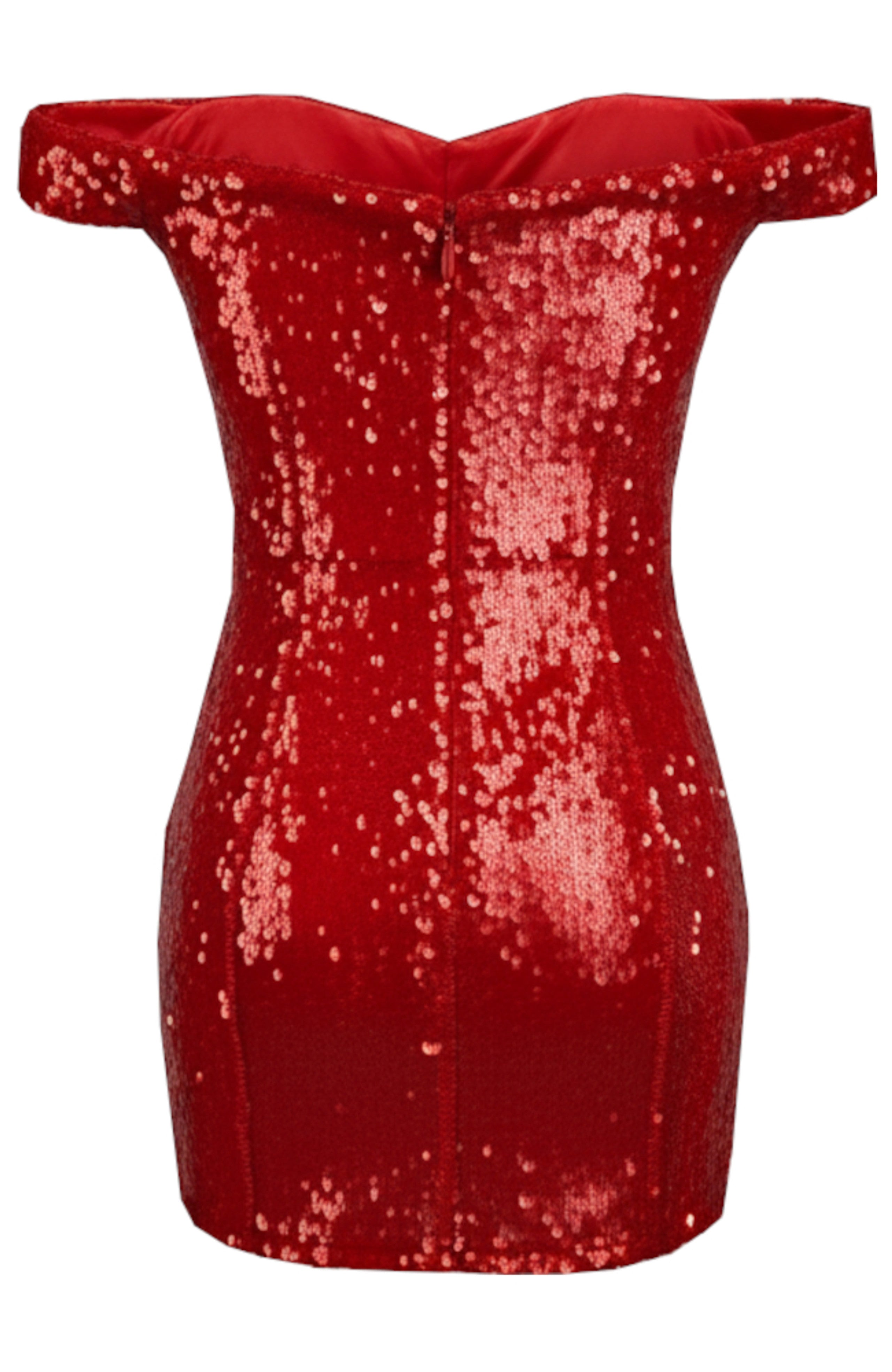 Isoform Bardot Draped Sequin Mini Dress In Red