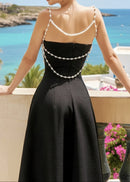 Ashur Pearl Detail A Line Midi Dress In Black