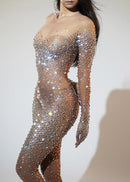 Plthar Rhinestone Mesh Jumpsuit In Silver