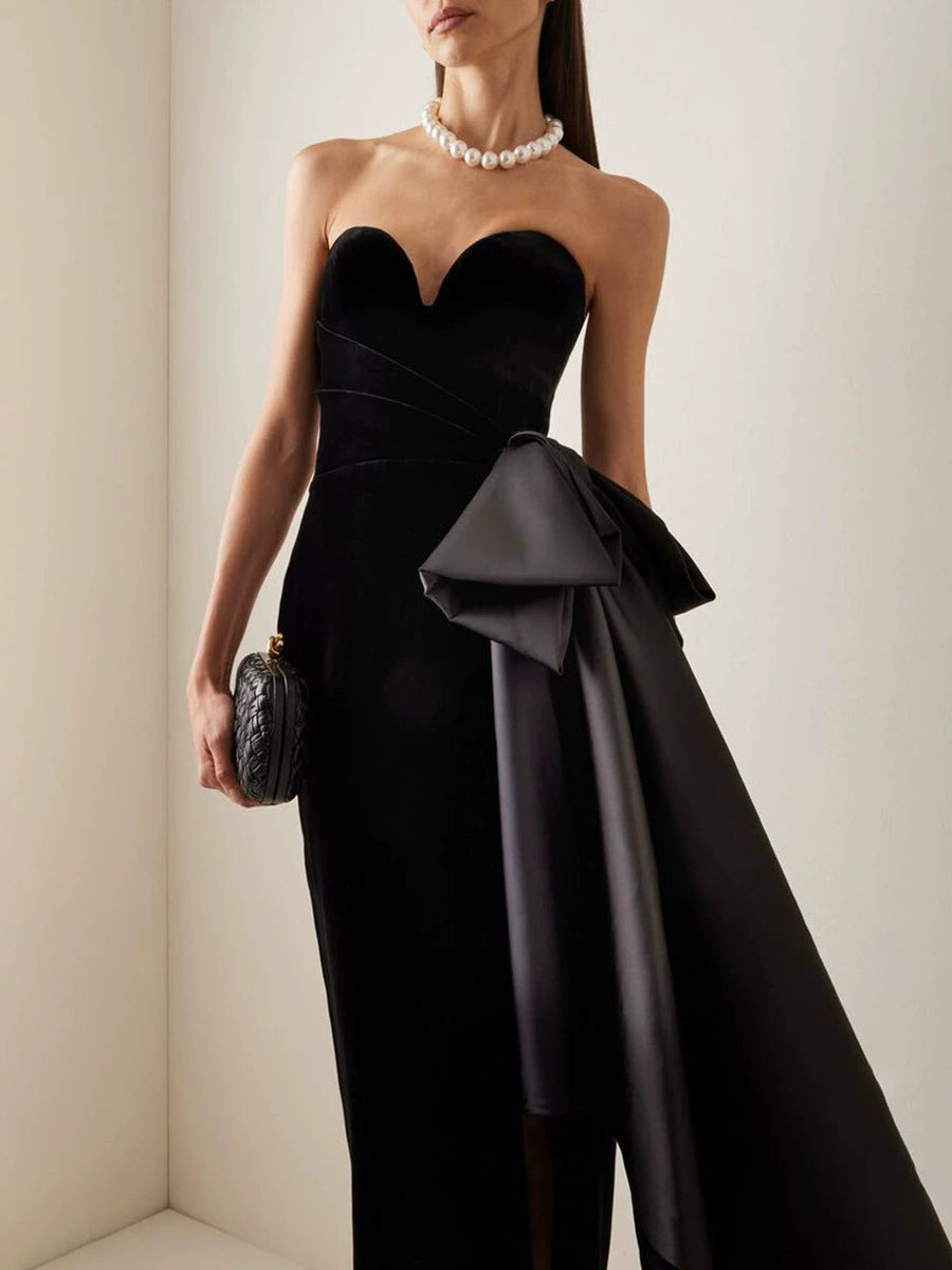 Faron Strapless Bow Maxi Velvet Dress In Black