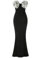 Silvior Strapless Floral Bustier Maxi Dress In Black Silver