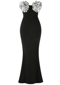 Silvior Strapless Floral Bustier Maxi Dress In Black Silver