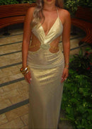 Dagfinn Halter Floral Backless Maxi Dress In Gold