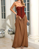 Althorin Strapless Corset Draped Maxi Dress In Brown