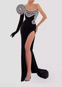 Ixelra Strapless Wave Crystal Velvet Maxi Dress