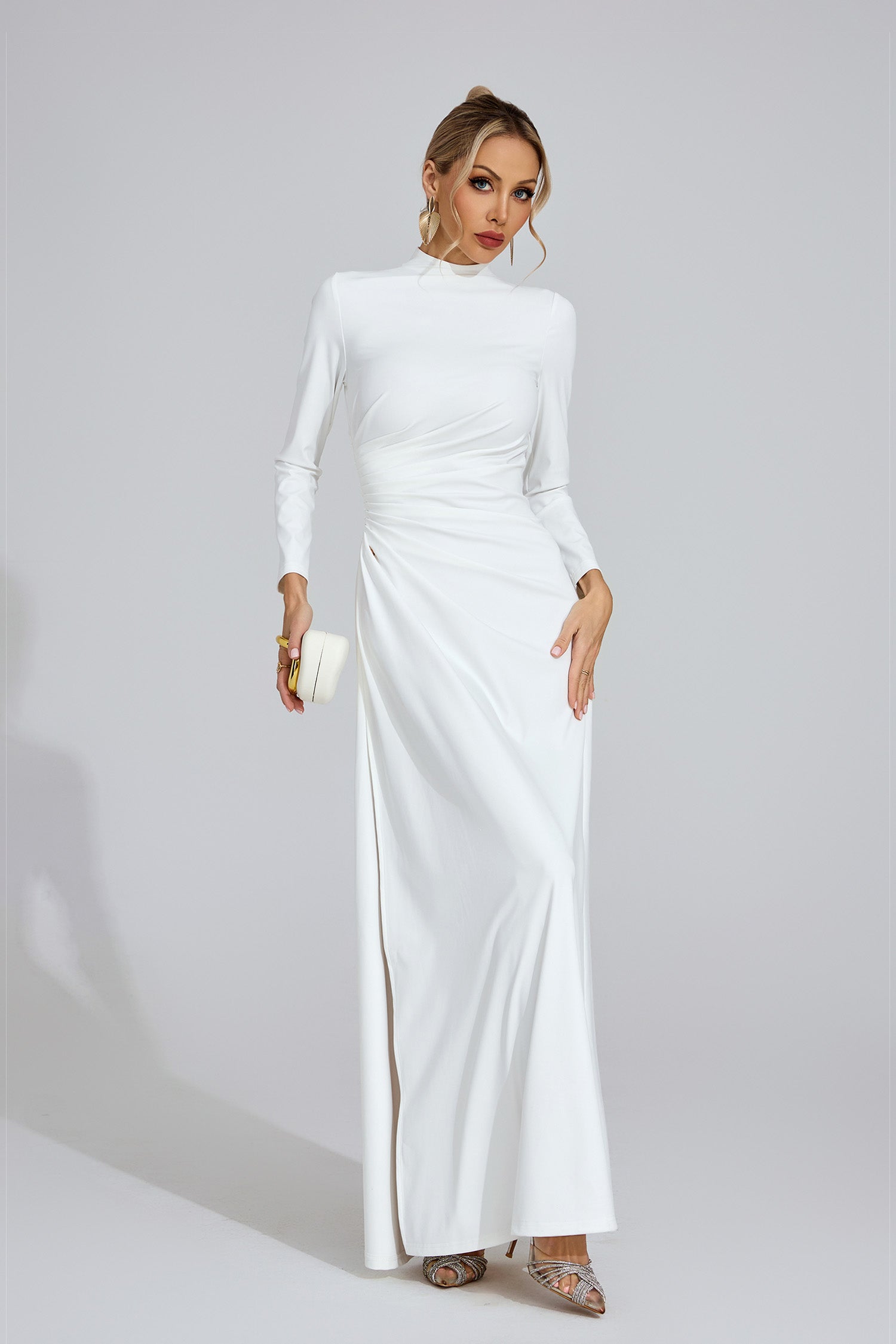 Calyx Long Sleeves Draped Detail Maxi Dress In White