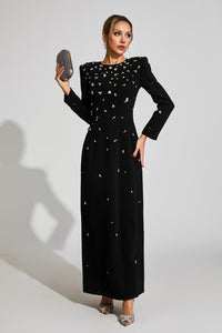 Bethel Long Sleeve Crystal A Line Maxi Dress In Black