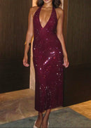 Baryx Halter Sparkly Midi Dress In Burgundy