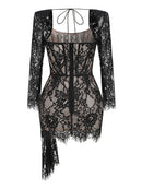 Roshon Long Sleeve Lace Corset Draped Mini Dress In Black
