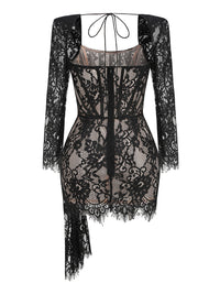 Roshon Long Sleeve Lace Corset Draped Mini Dress In Black