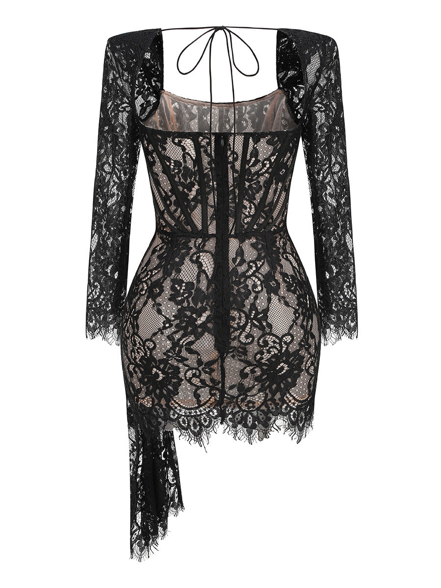 Roshon Long Sleeve Lace Corset Draped Mini Dress In Black