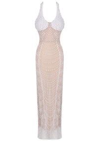 Cyvra Halter Pearl Maxi Dress In Nude