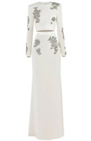 Gyrexa Long Sleeve Crystal Two Piece Maxi Dress In White