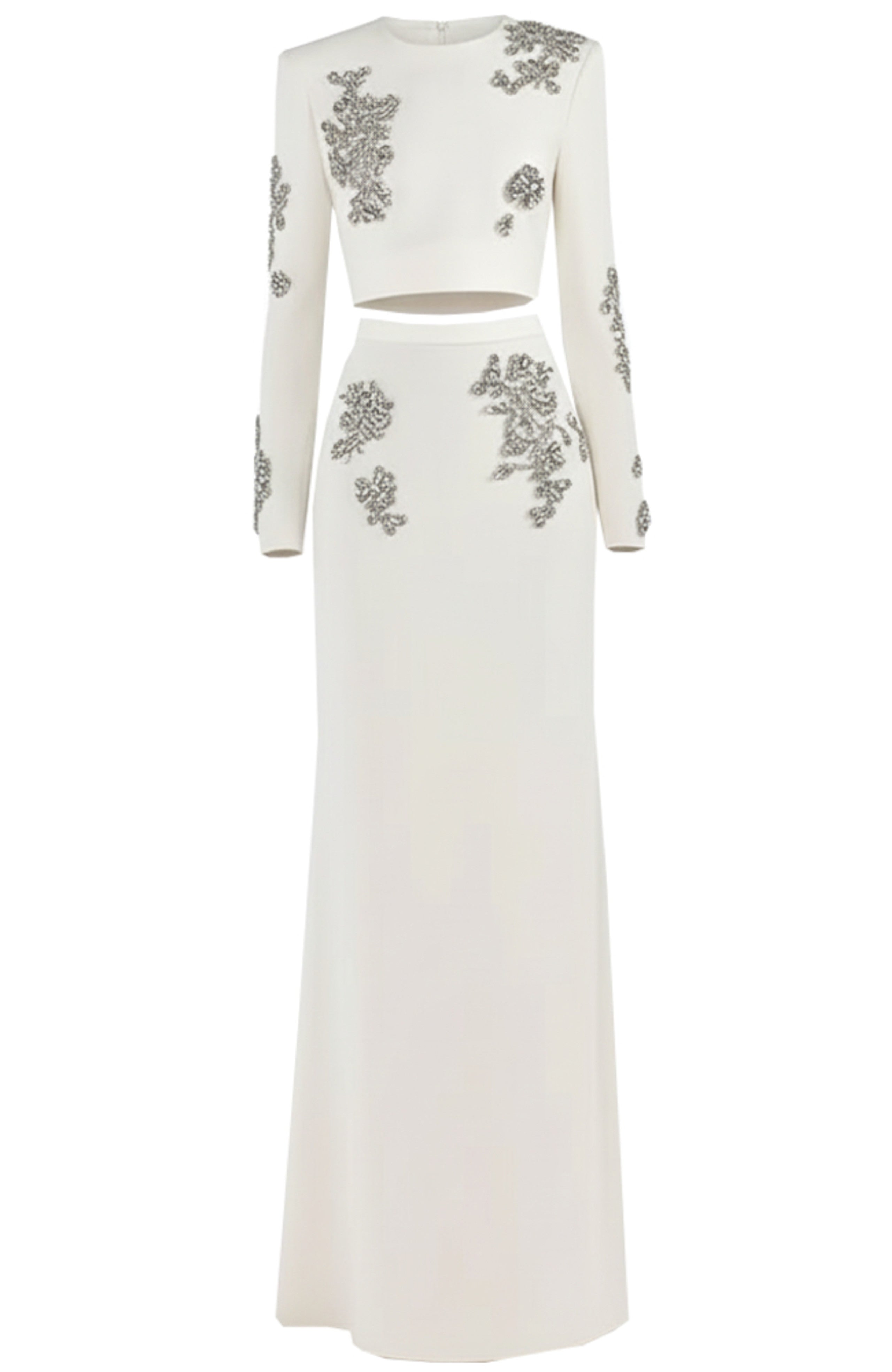 Gyrexa Long Sleeve Crystal Two Piece Maxi Dress In White