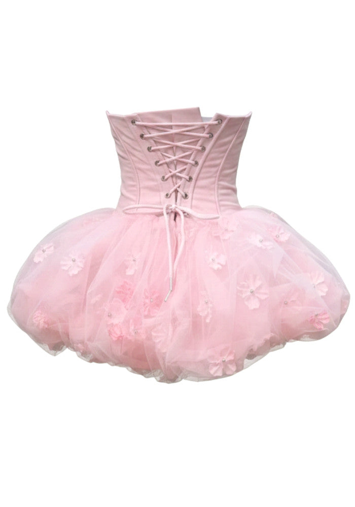 Alviva Strapless Floral Corset Bubble Mini Dress In Pink