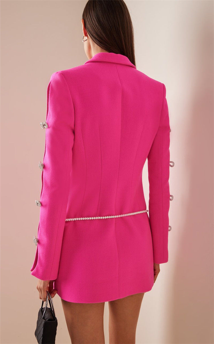 Syriel Long Sleeve Pearl Crystal Bow Blazer Mini Dress In Pink