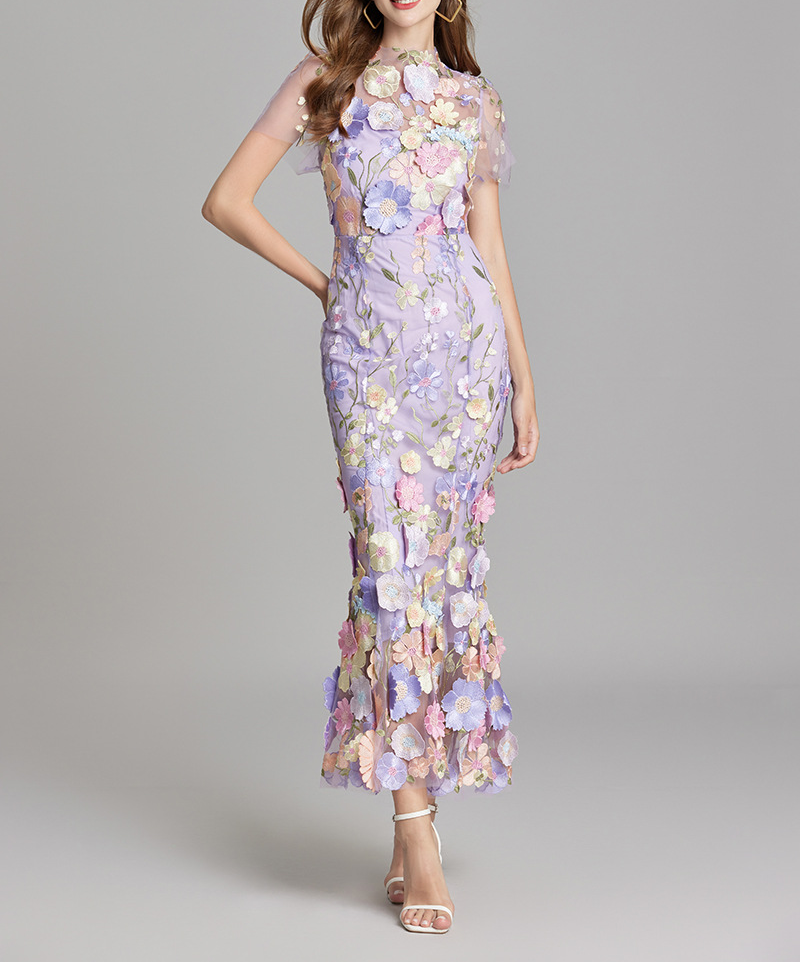 Chesley Floral Embroidery Mesh Fishtail Midi Dress