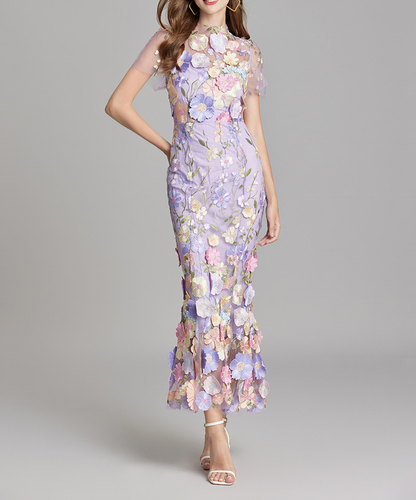 Chesley Floral Embroidery Mesh Fishtail Midi Dress