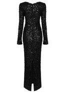 Tsanko Long Sleeve Crystal Sequin Maxi Dress In Black