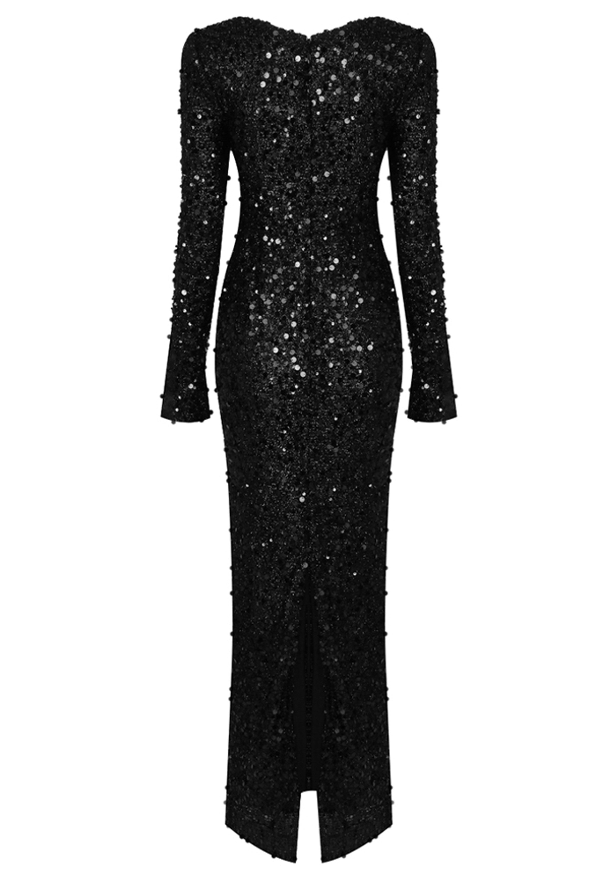 Tsanko Long Sleeve Crystal Sequin Maxi Dress In Black
