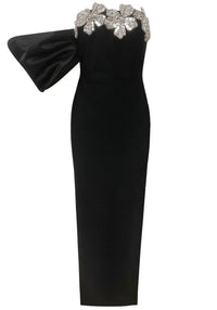 Khalifa Bardot Crystal Flower Maxi Dress In Black