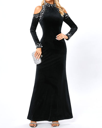 Bly Long Sleeve Pearl Crystal Maxi Velvet Dress In Black