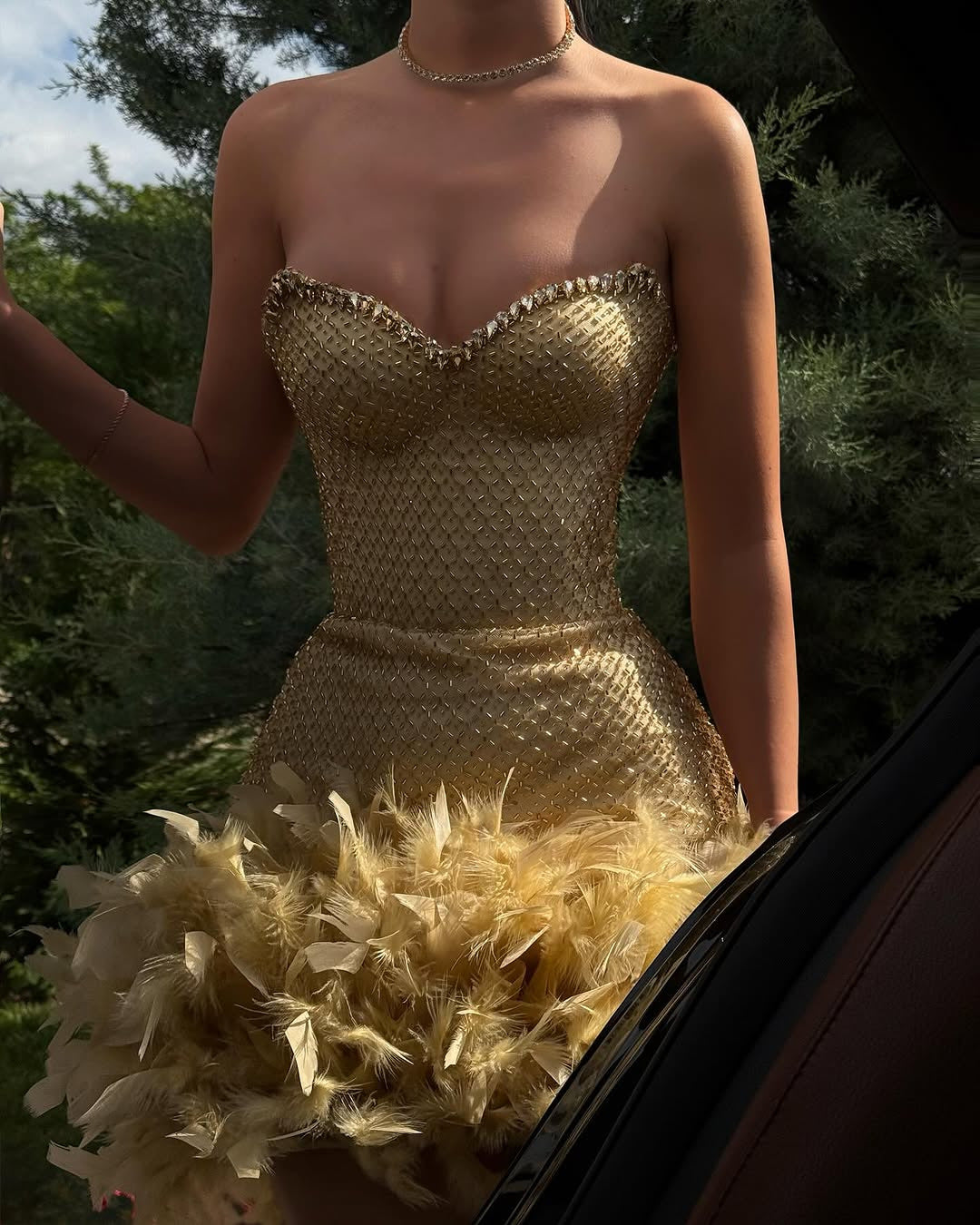 Geodar Crystal Strapless Feather Mini Dress In Gold