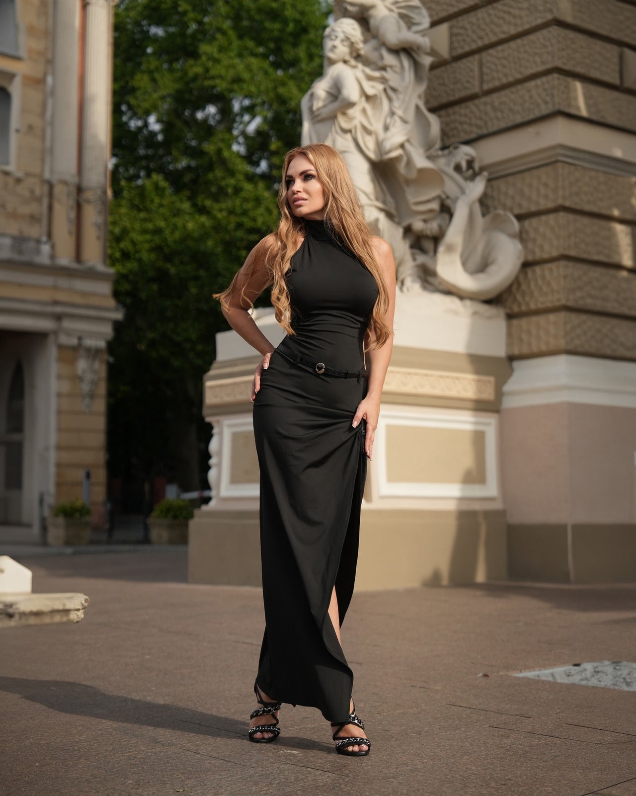 Azzin Halter Belt Draped Maxi Dress In Black