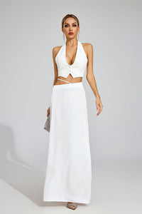 Susie Silk Crop Top Maxi Skirts 2 Pieces Sets In White