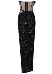 Myrviel Strapless Ruffle Corset Sequin Maxi Dress In Black