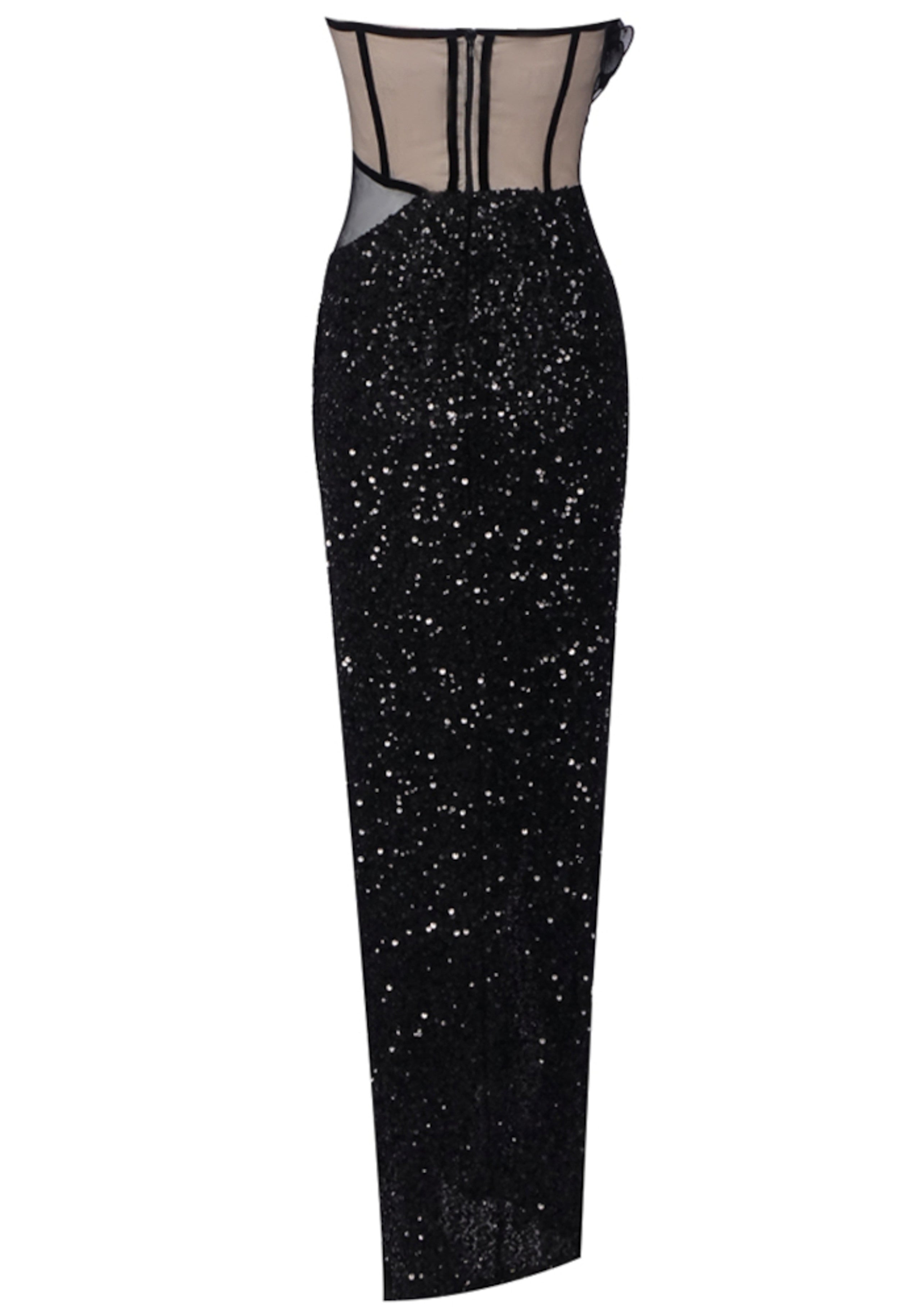 Myrviel Strapless Ruffle Corset Sequin Maxi Dress In Black