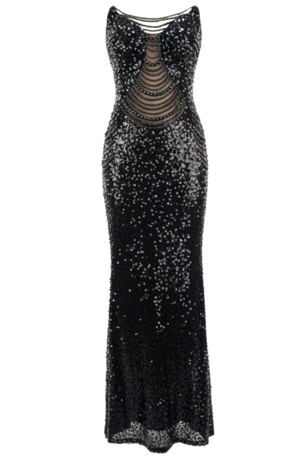 Solum Strapless Embellished Mesh Sequin Maxi Dress In Black