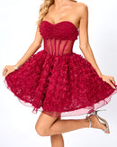 Osorio Strapless Floral Corset A Line Mini Dress In Red