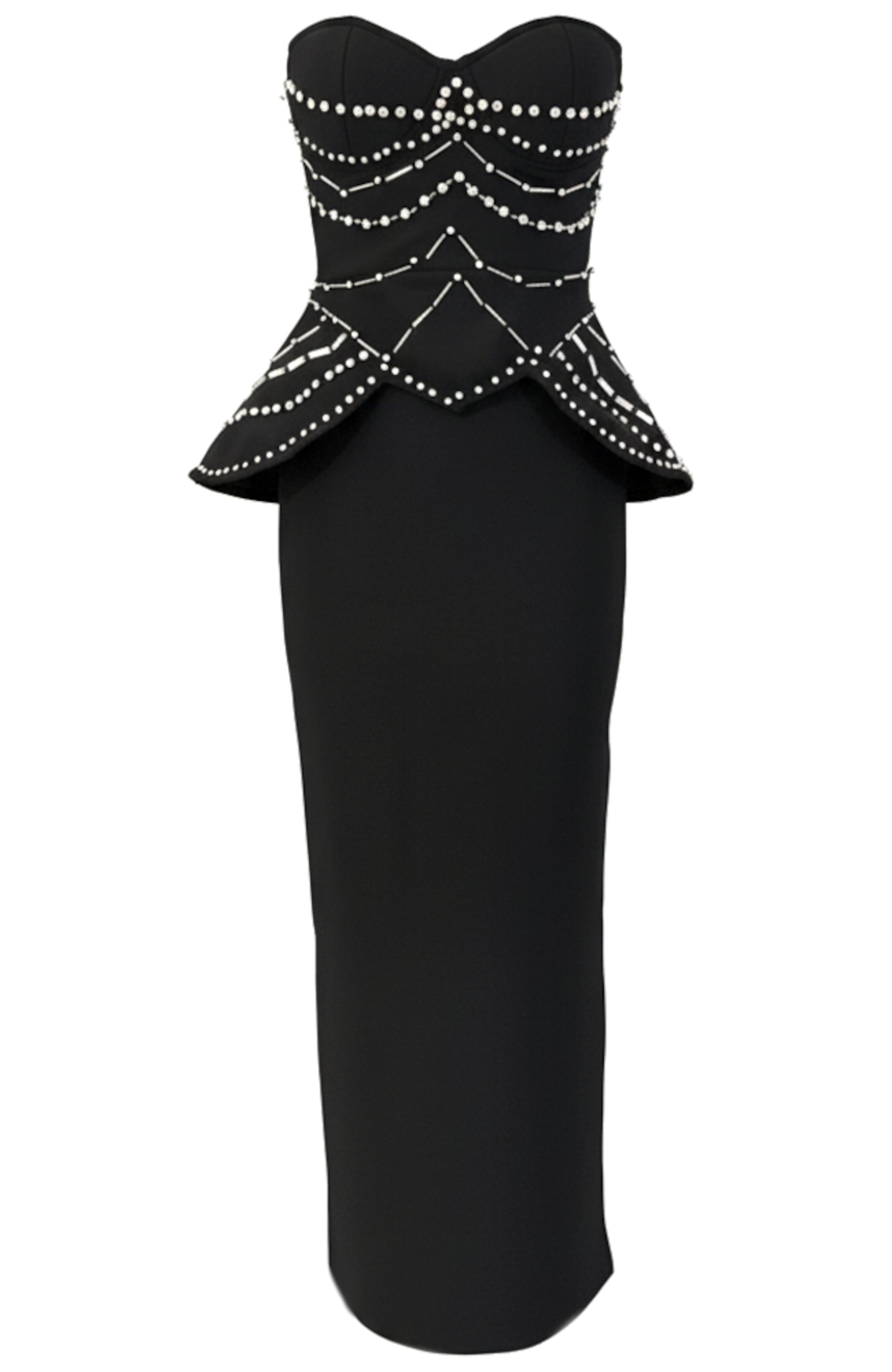 Incandor Strapless Crystal Embellished Corset Maxi Dress In Black