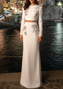 Gyrexa Long Sleeve Crystal Two Piece Maxi Dress In White