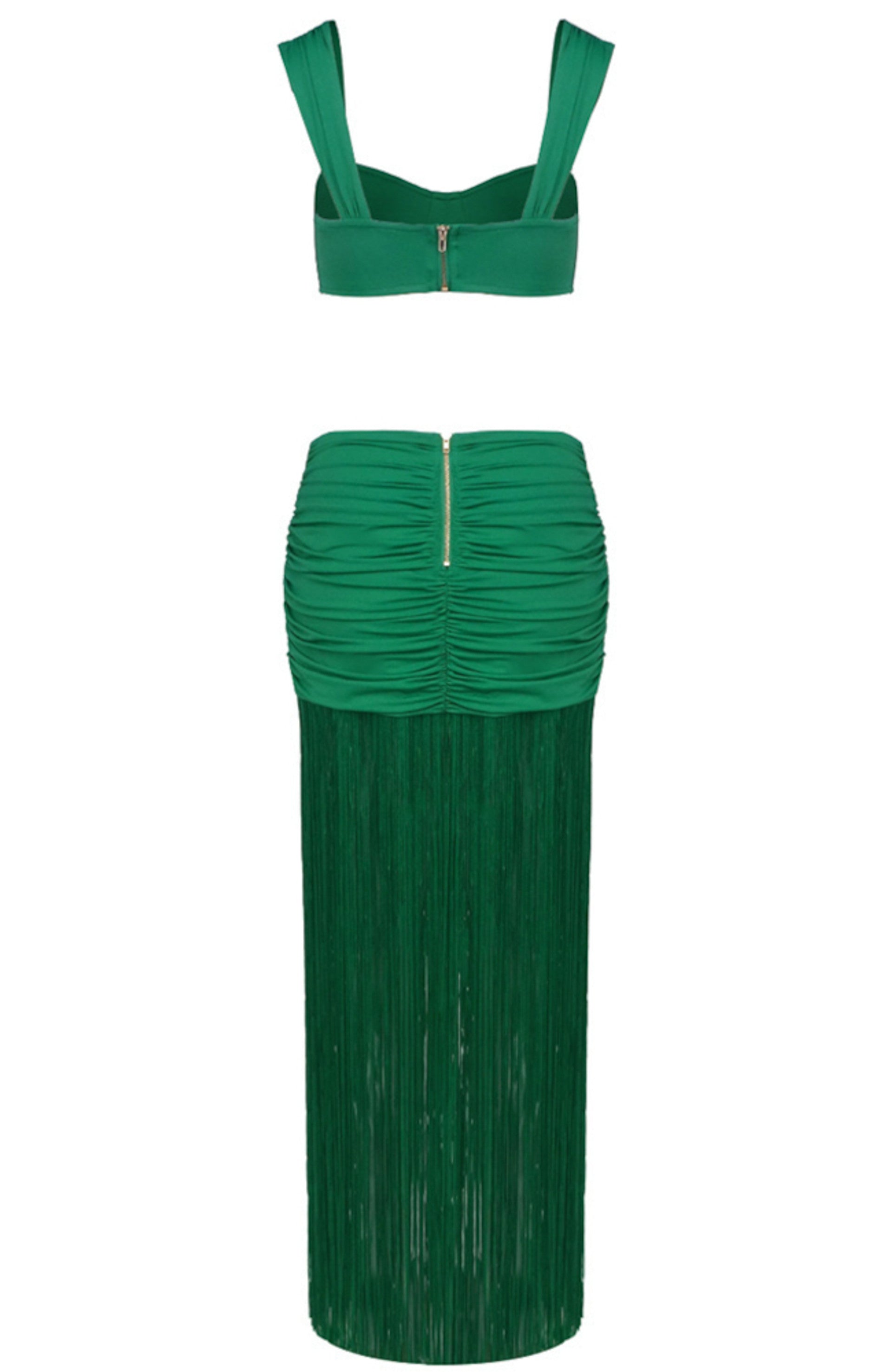 Hryonth Draped Ruffle Tassel Two Piece Maxi Dress In Green