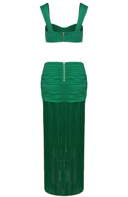 Hryonth Draped Ruffle Tassel Two Piece Maxi Dress In Green