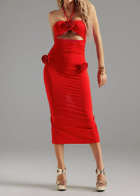 Monika Flower Halter Cutout Dress In Red
