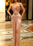 Oswine Strapless Draped Bustier Sparkly Maxi Dress In Pink